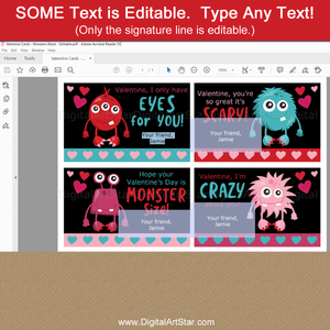 Monster Valentine Cards for Kids Editable Template Download