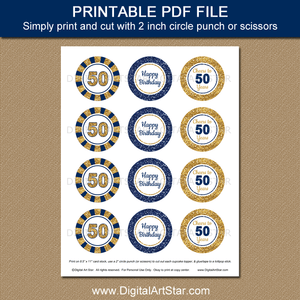 Navy Blue and Gold Glitter 50th Birthday Cupcake Toppers Printable PDF