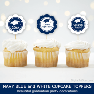 Navy Blue and White Graduation Party Decorations Cupcake Toppers