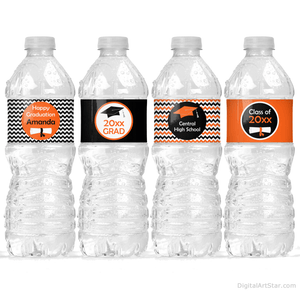 Orange Black Graduation Party Decorations Water Bottle Labels