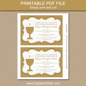 Personalized First Communion Invitation Template in Gold and White for Boys or Girls