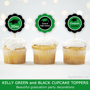 Personalized Graduation Party Decorations Cupcake Toppers in Green and Black