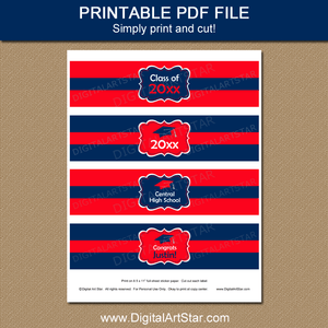 Personalized Graduation Water Bottle Labels Printable Navy Blue and Red