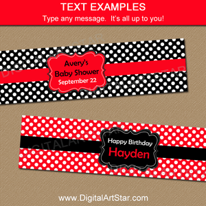 Personalized Red and Black Polka Dot Water Bottle Labels