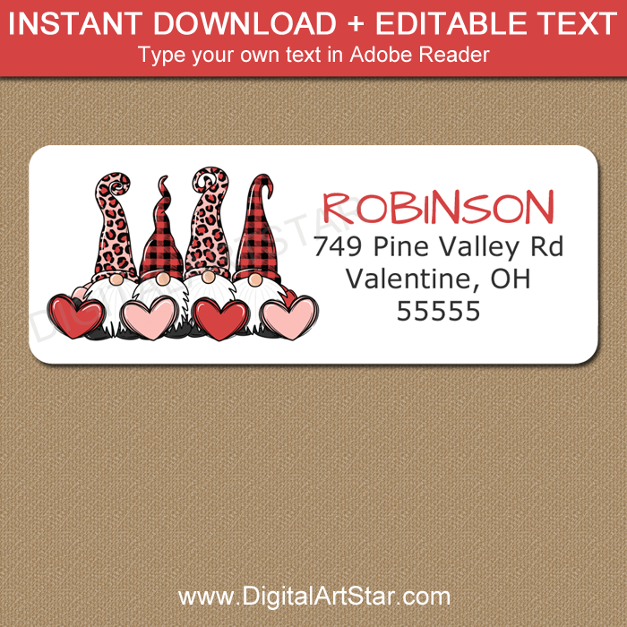 Pink and Red Valentine Gnomes with Hearts Printable Address Labels