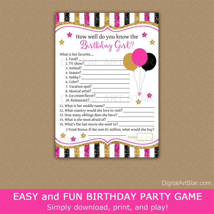 Pink Black and Gold Birthday Game Who Knows the Birthday Girl Best