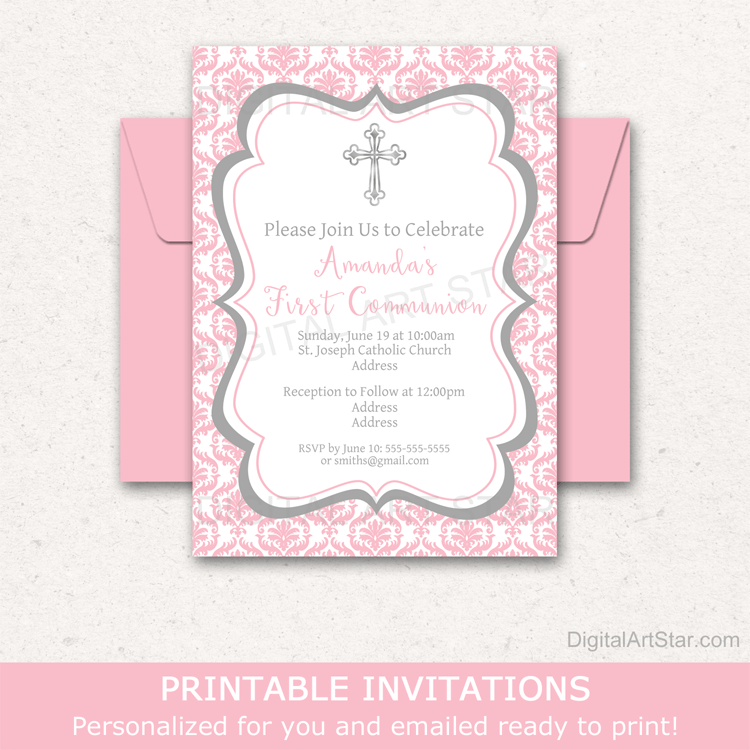 Pink Damask Invitation Digital Download Girl First Communion Reception
