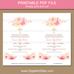 Pink Floral First Holy Communion Invites Printable Template