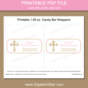 Pink and Gold First Holy Communion Candy Wrapper Printable