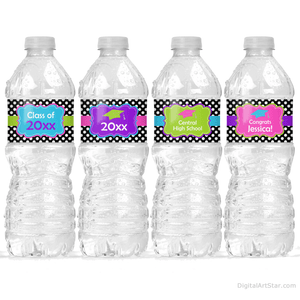 Polka Dot Graduation Water Bottle Labels for Girls Black and White with Pink Purple Blue Lime Green