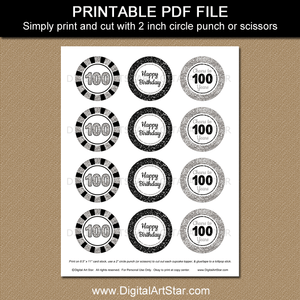 printable 100th birthday cupcake toppers two inch round black and silver