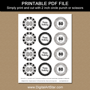 printable 80th birthday cupcake toppers circles black and silver