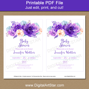Printable Baby Shower Invitations Download Purple Turquoise Floral