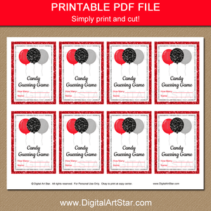 Printable Birthday Candy Guessing Game Template Red Black Silver Balloons