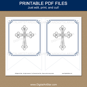 Printable Boy Christening Banner Template Navy Blue and White with Cross