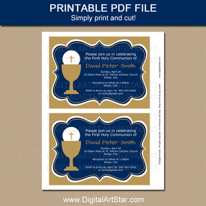 Printable Boy First Holy Communion Invitation Download Gold Navy Blue