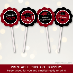 Printable Burgundy and Black Graduation Cupcake Toppers Personalized with Name