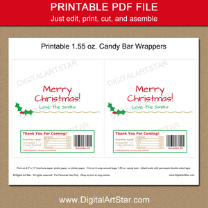 Printable Christmas Candy Bar Wrapper Template Holly Gold Accents