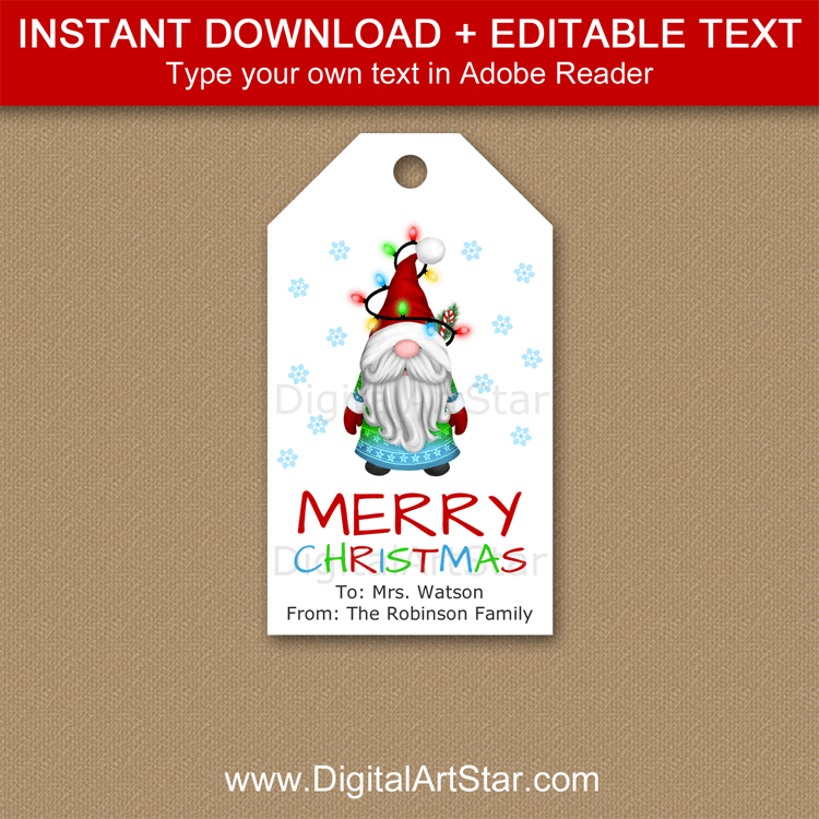 Printable Christmas Gnome Gift Tags White Blue Red Green