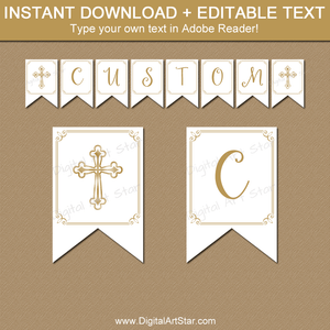 Printable First Communion Banner Template White and Gold