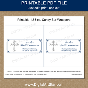 Printable First Communion Candy Wrappers White and Navy Blue