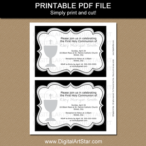 Printable First Communion Invitation Template Black White Silver