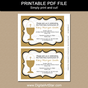 Printable First Communion Invitations Gold and White and Black Trim