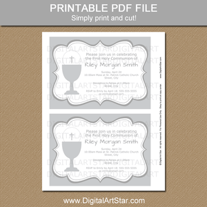 Printable First Holy Communion Invitation Template in Silver and White