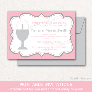 Printable Girl First Communion Invitations Pink Silver