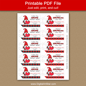 Printable Gnome Valentines Day Favor Tags for Kids