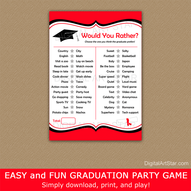 Printable Graduation Party Game Would You Rather Red and Black