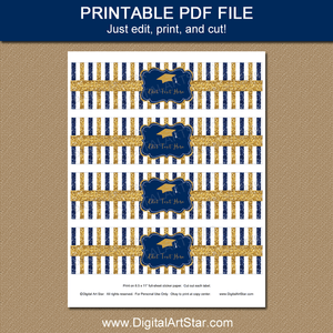 Printable Graduation Water Bottle Wrappers Navy Blue and Gold Glitter Striped