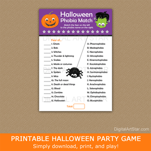 Printable Halloween Phobia Matching Game Worksheet