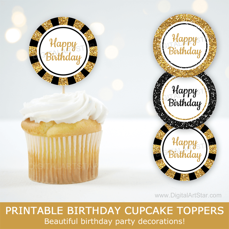 Printable Happy Birthday Cupcake Toppers Black and Gold