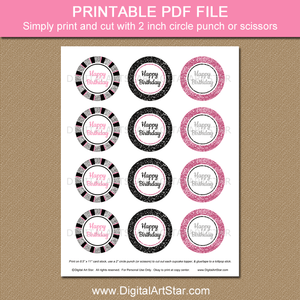 Printable Happy Birthday Cupcake Toppers for Women Pink Black Silver