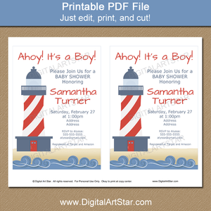 Printable Nautical Baby Shower Invites with Lighthouse