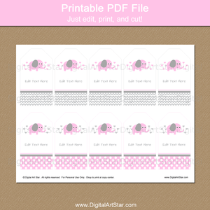 Printable Pink and Gray Elephant Themed Baby Shower Tags