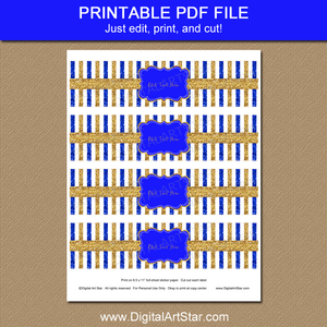 Printable Water Bottle Labels Royal Blue and Gold Glitter Stripes