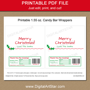 Printable White Christmas Candy Bar Wrapper Template with Holly