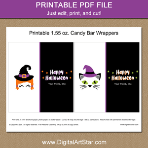 Printable Witch and Cat Halloween Chocolate Bar Wrapper Template Download