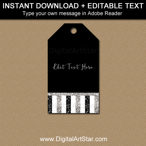 Editable Favor Tag Template Black and Silver Glitter Stripes