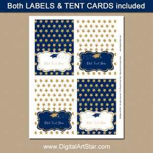 Navy Blue and Gold Star Graduation Tent Cards