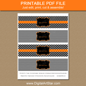Black and White Printable Halloween Water Bottle Labels with Orange Accents