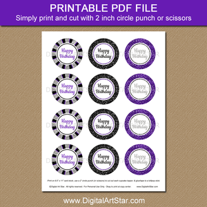 Purple Black and Silver Happy Birthday Cupcake Toppers Printable PDF File