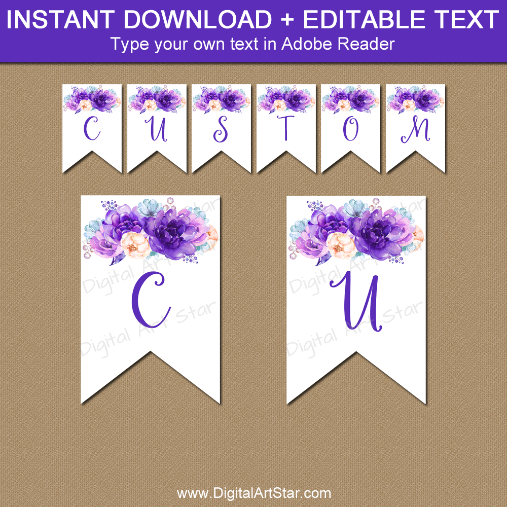 Purple Floral Banner Template Editable for Baby Shower Wedding Birthday Party