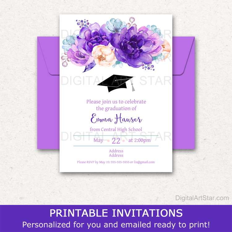 Purple Floral Invitation Template Girl Graduation Party