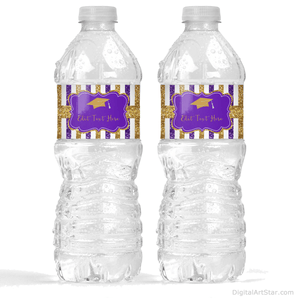 Purple Gold Glitter Graduation Water Bottle Labels Stickers