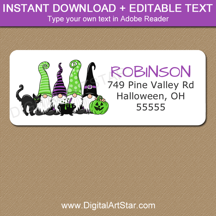 Purple and Green Gnome Halloween Address Labels Template with Black Cat