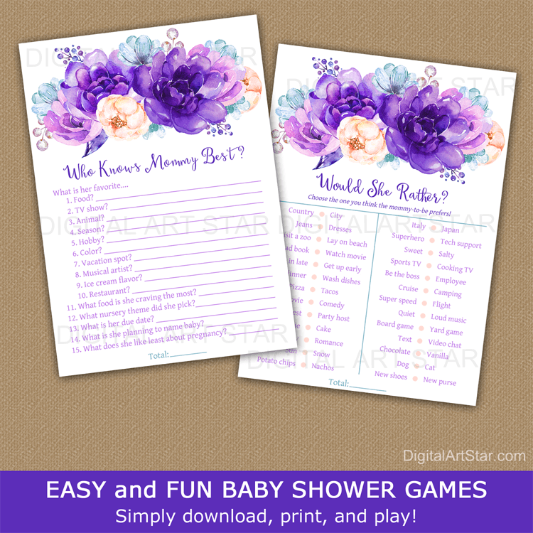 Purple and Turquoise Floral Baby Shower Games Printable Bundle