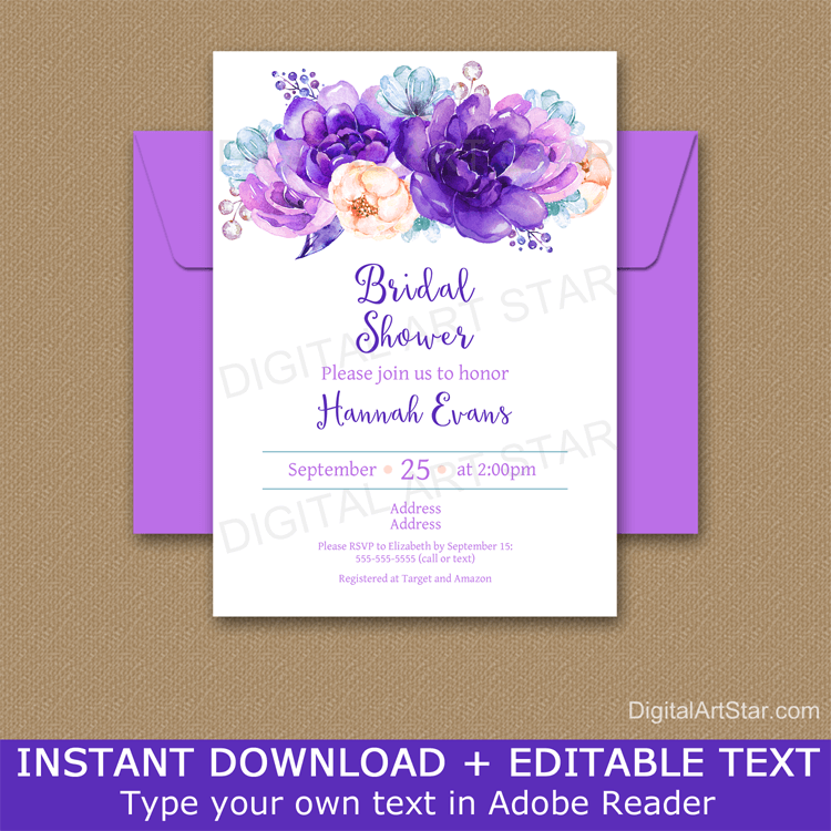 Purple and Turquoise Floral Bridal Shower Invitation Template Instant Download